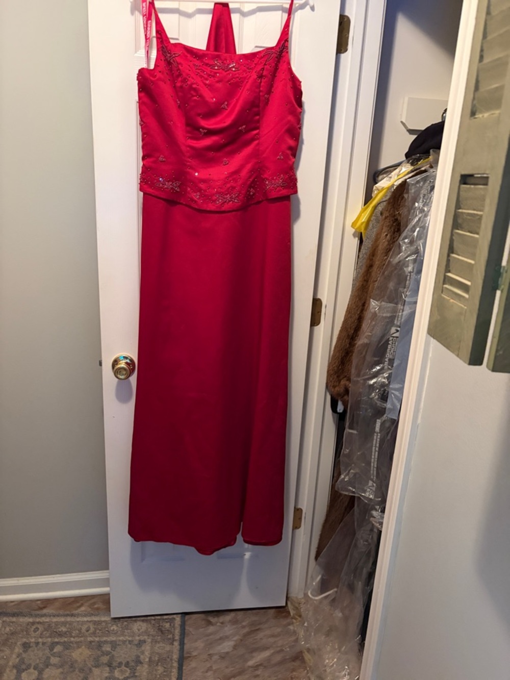 Red Beaded Spaghetti-Strap Formal Dress with shawl
